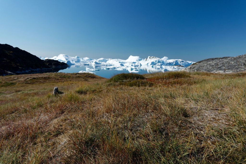 Steppe et icebergs Une vue du bord du fjord de glace, près de Sermermiut